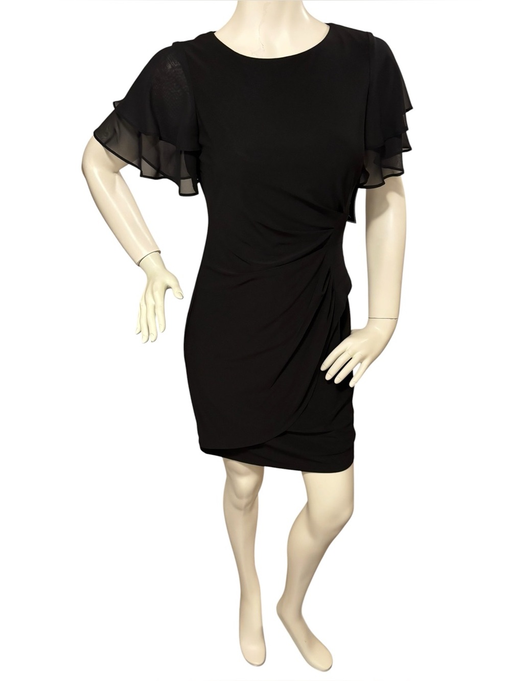 Jessica Howard 40 Day Cocktail Black Wrap-Front Mini Dress, size 4P